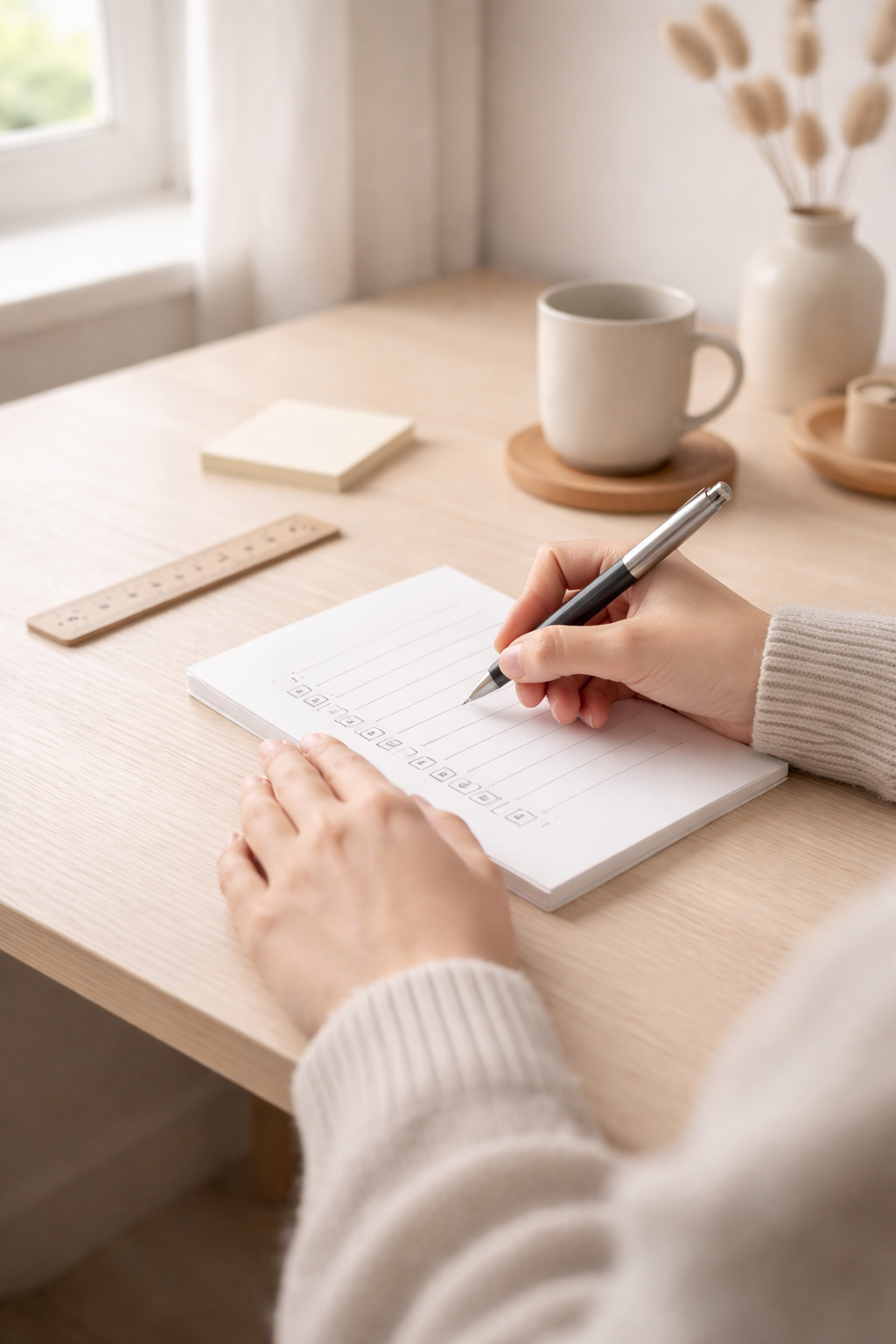 Mano che scrive su un notebook su una scrivania luminosa