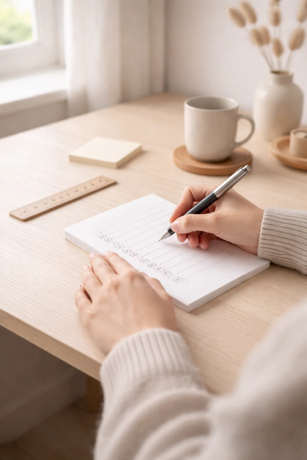 Hand writing in a notebook on a bright desk